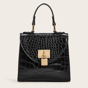 Metal Lock Decor Croc Embossed Satchel Bag